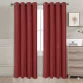 Red semi-blackout curtains set of 2 hanging on window in modern room