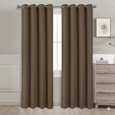 Brown semi-blackout curtains set of 2 hanging on window in modern room