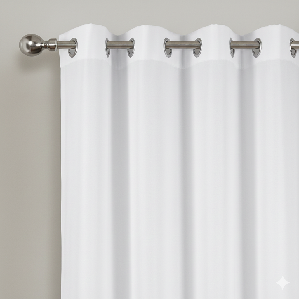 White semi-blackout curtains with metal grommets on curtain rod