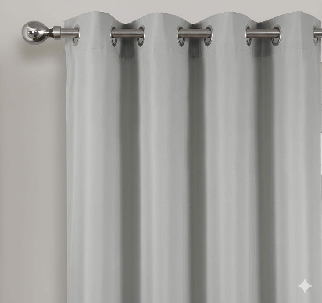 Grey semi-blackout curtains with metal grommets on curtain rod