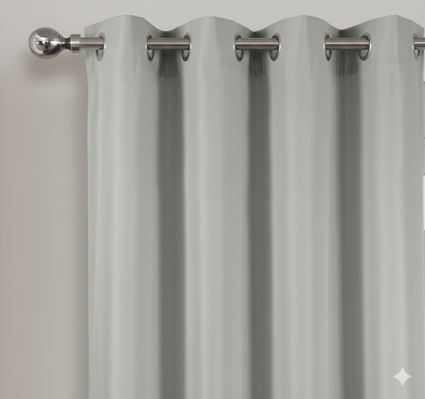 Grey semi-blackout curtains with metal grommets on curtain rod