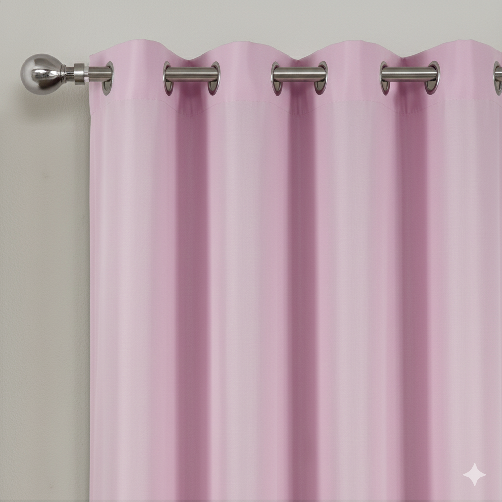 Pink semi-blackout curtains with metal grommets on curtain rod