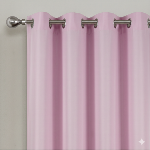 Pink semi-blackout curtains with metal grommets on curtain rod