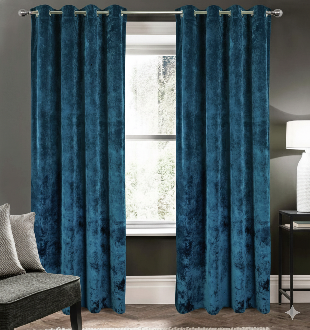Navy blackout curtains set of 2 hanging on window in modern room