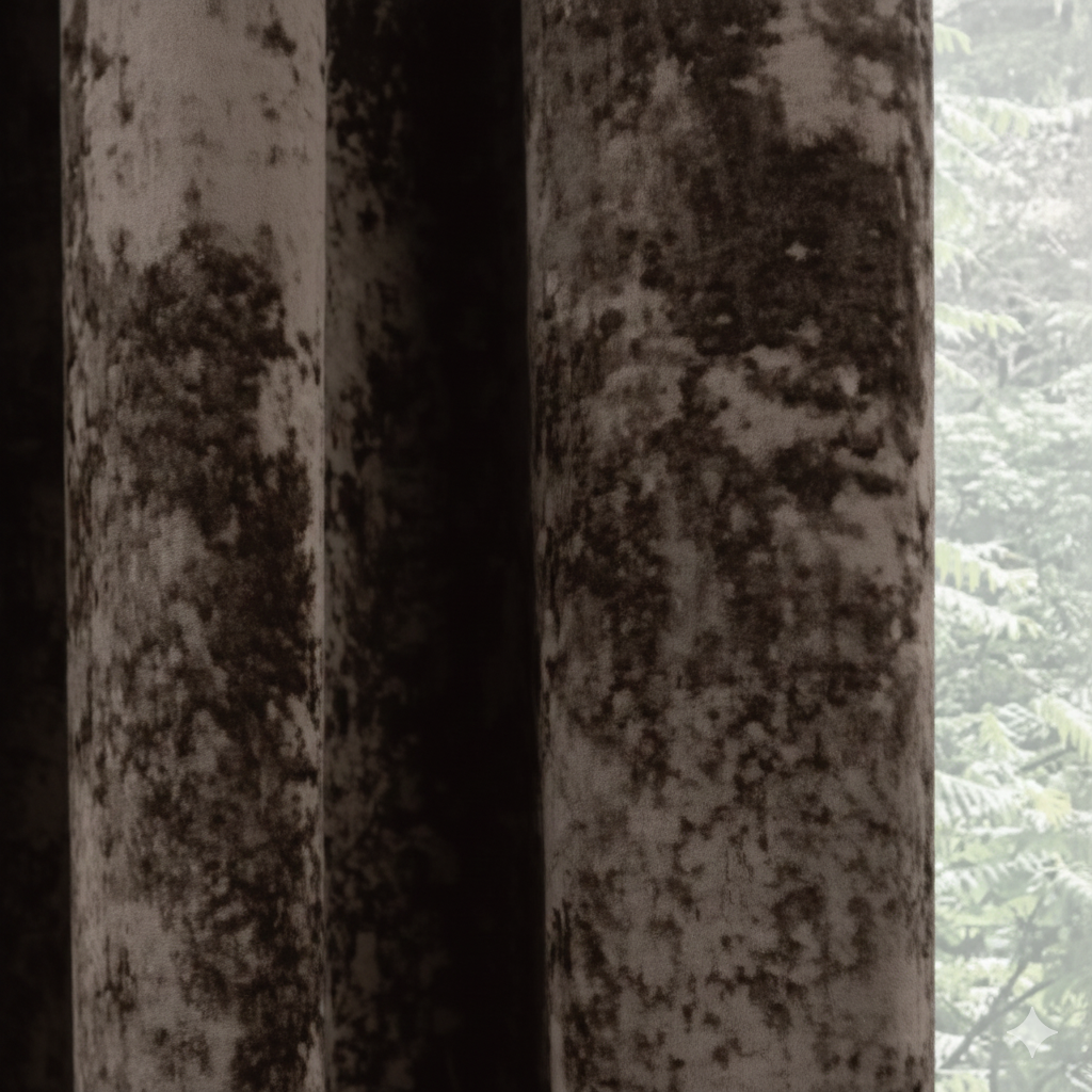 Close-up of brown blackout curtain fabric showing thick texture
