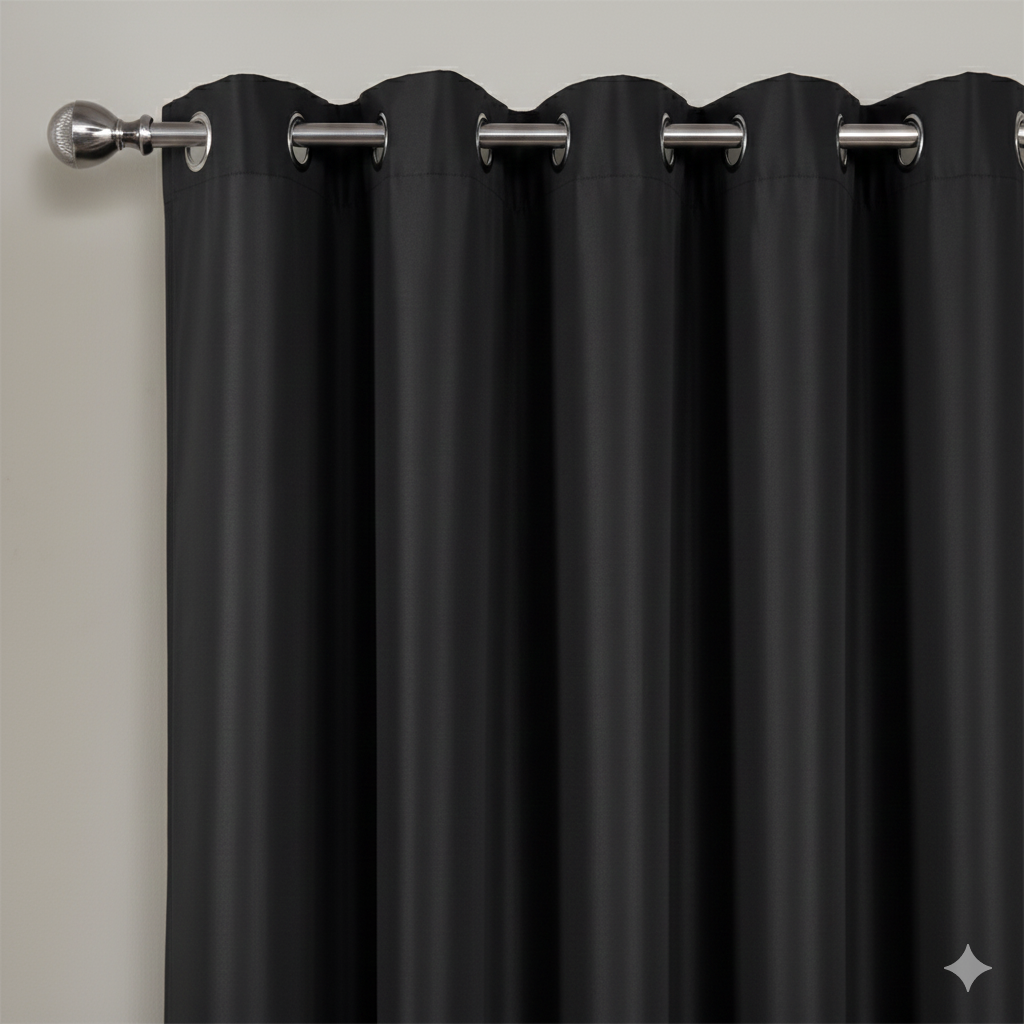 Black semi-blackout curtains with metal grommets on curtain rod