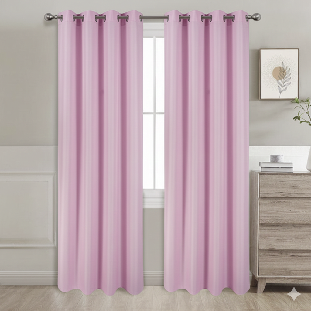 Pink semi-blackout curtains set of 2 hanging on window in modern room