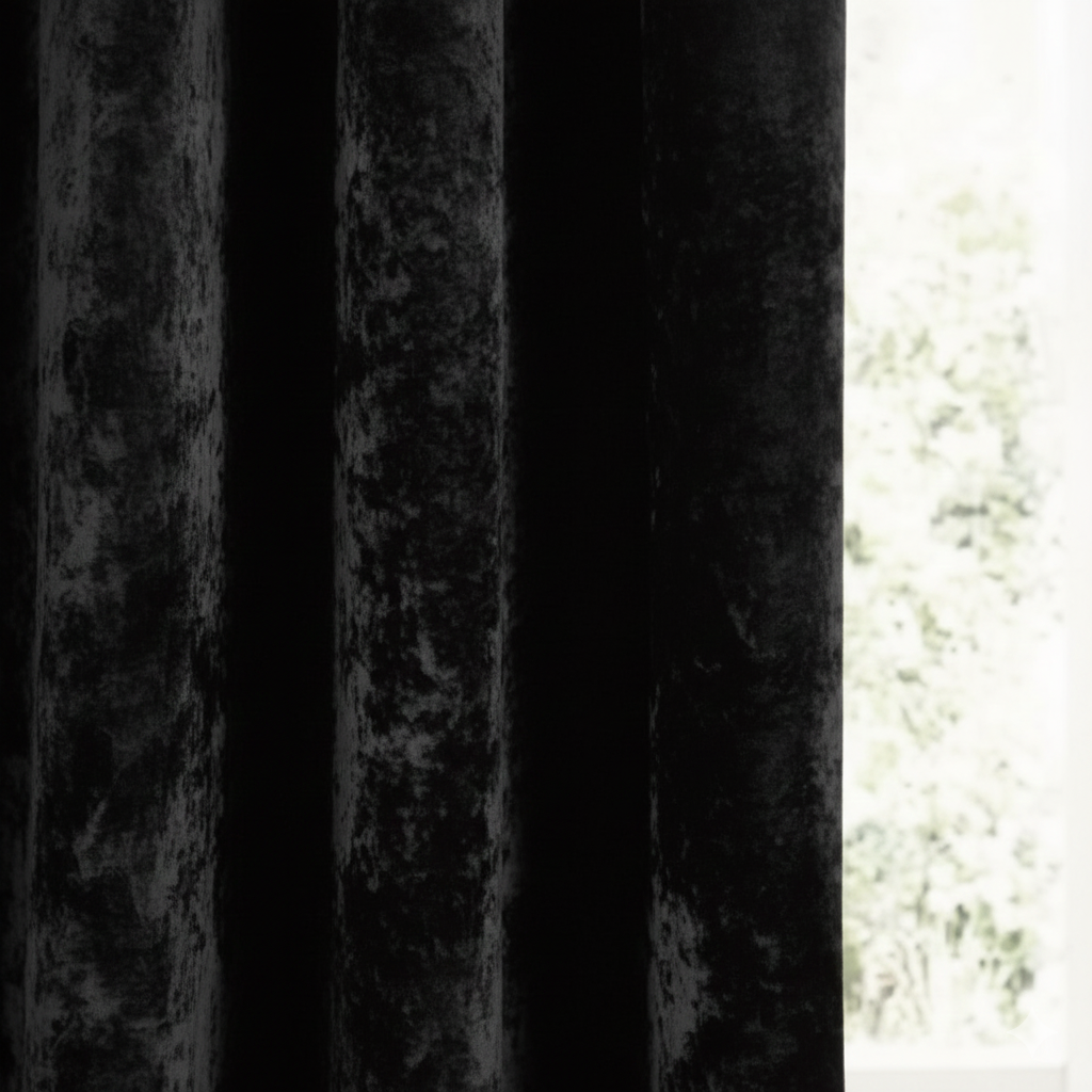 Close-up of black blackout curtain fabric showing thick texture