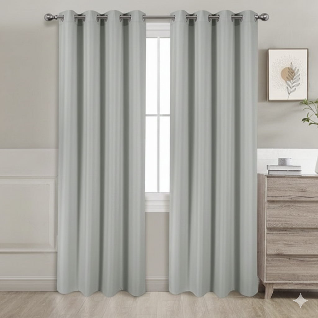 Grey semi-blackout curtains set of 2 hanging on window in modern room