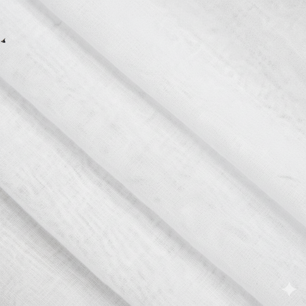 Close-up of white sheer curtain fabric showing lightweight texture