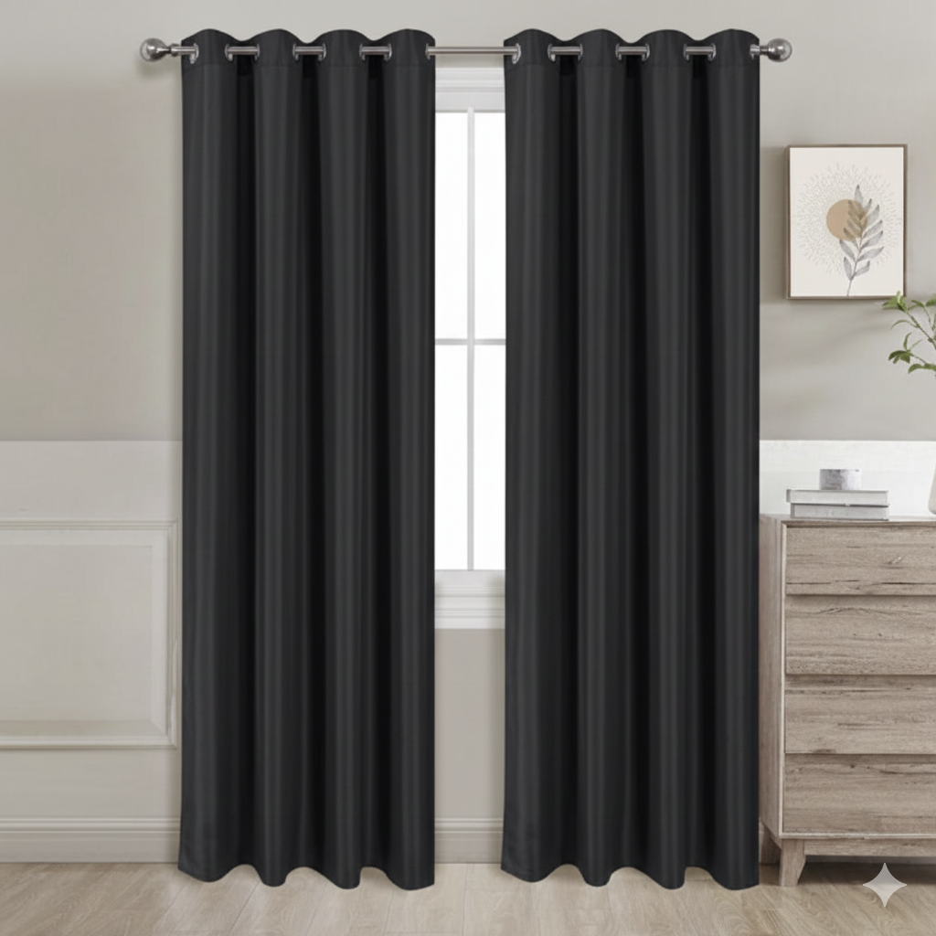 Black semi-blackout curtains set of 2 hanging on window in modern room