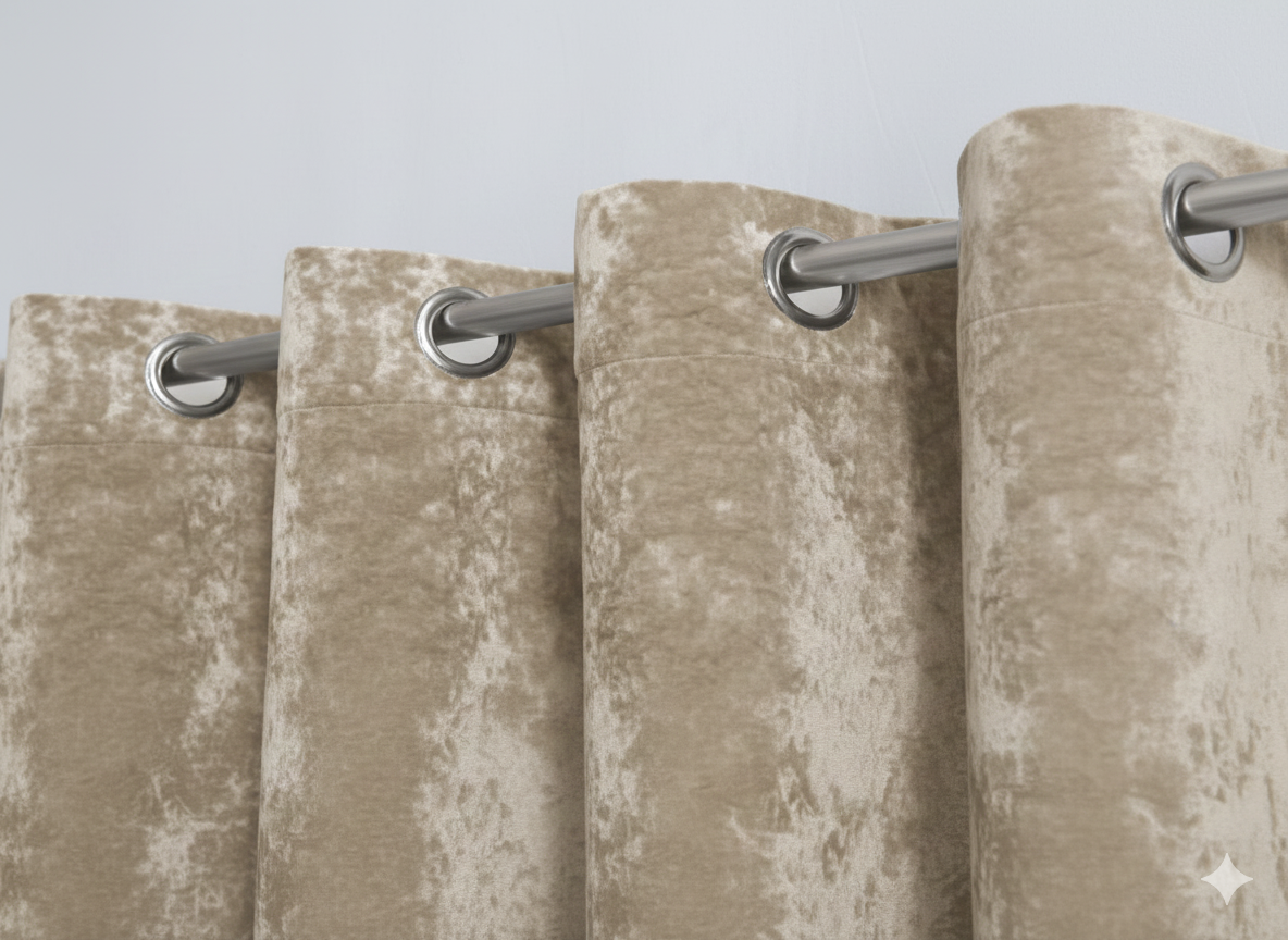 Beige blackout curtains with metal grommets on curtain rod