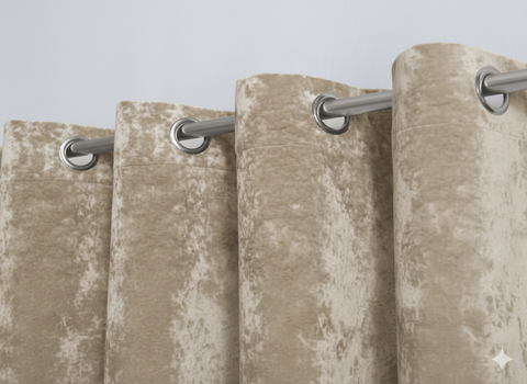 Beige blackout curtains with metal grommets on curtain rod