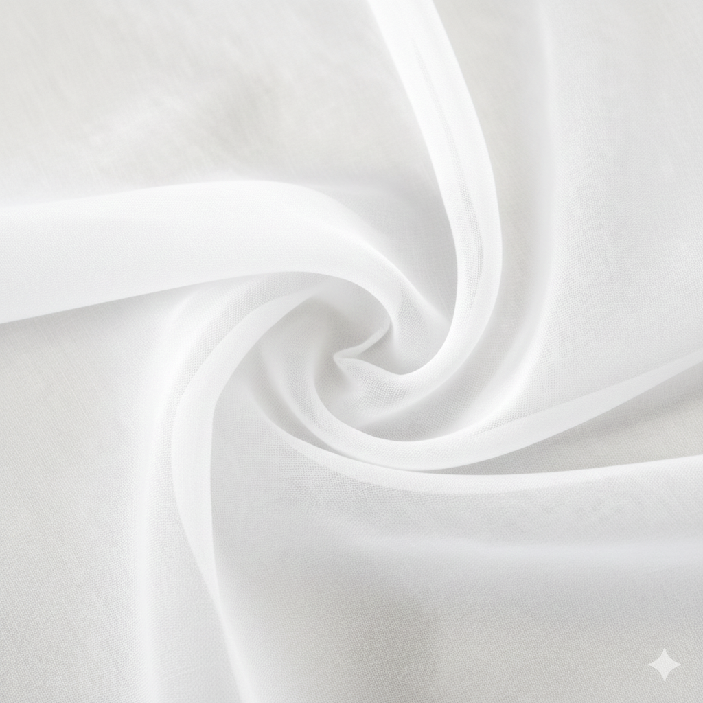 White sheer curtain fabric with soft texture and elegant drape
