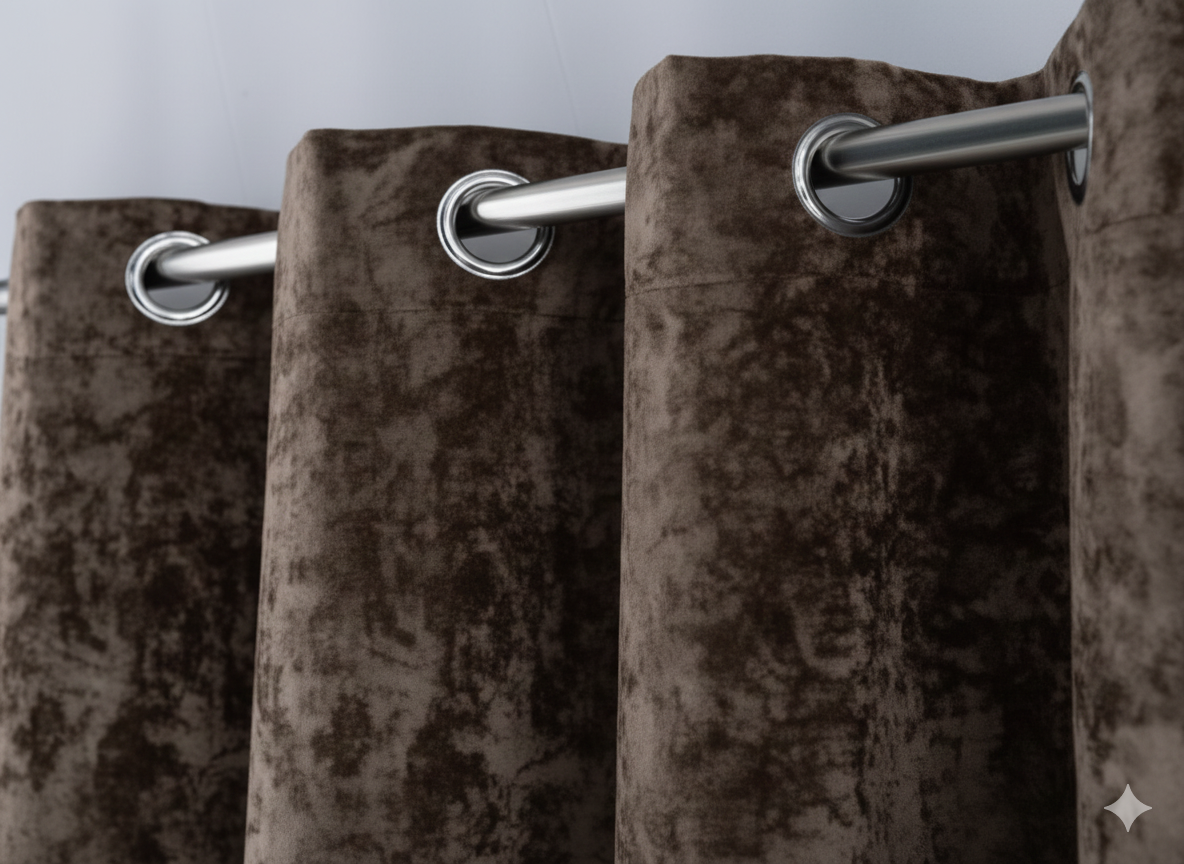 brown blackout curtains with metal grommets on curtain rod