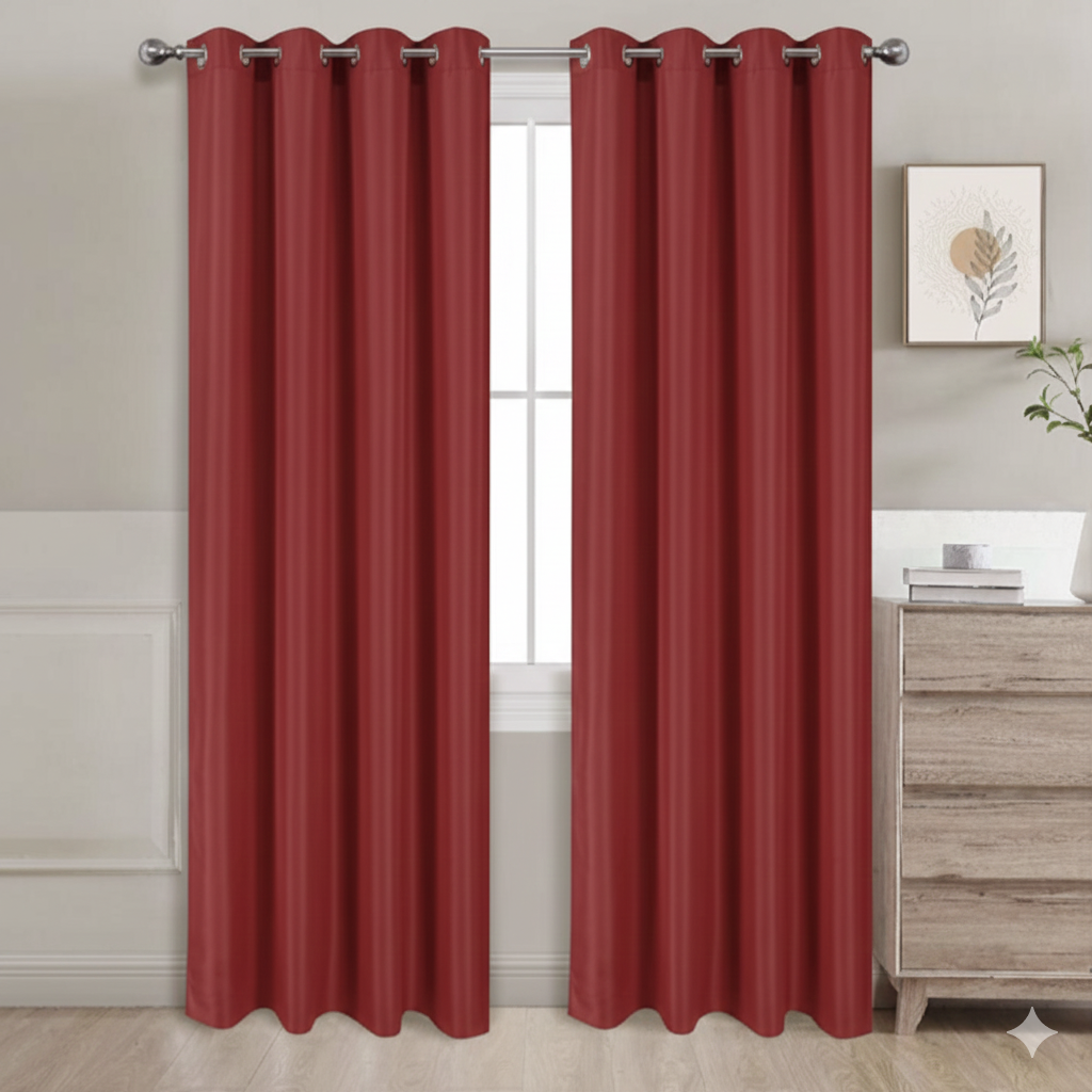 Red semi-blackout curtains set of 2 hanging on window in modern room