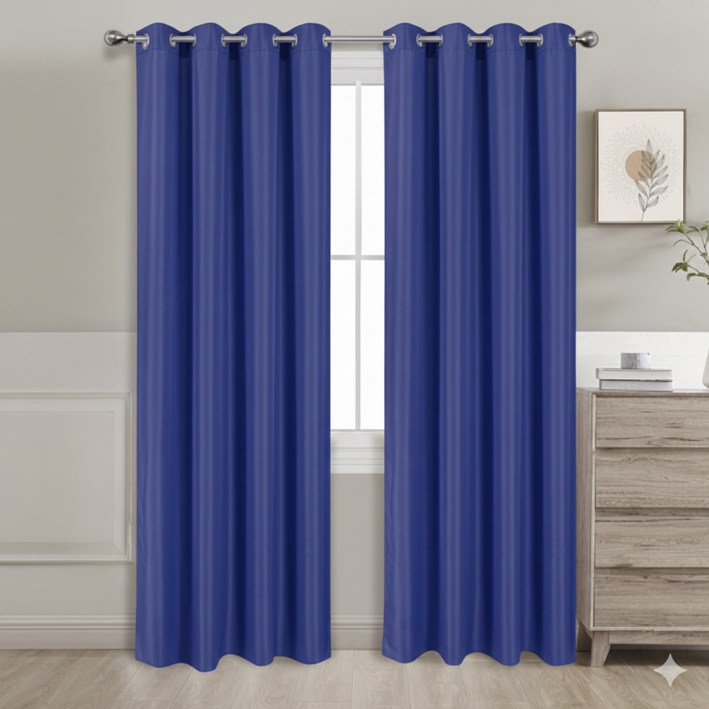 Navy semi-blackout curtains set of 2 hanging on window in modern room
