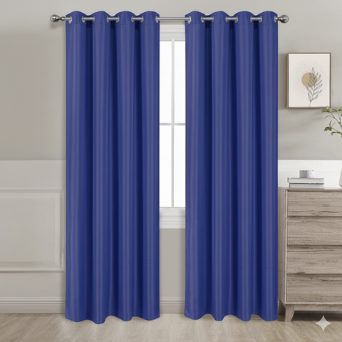 Navy semi-blackout curtains set of 2 hanging on window in modern room