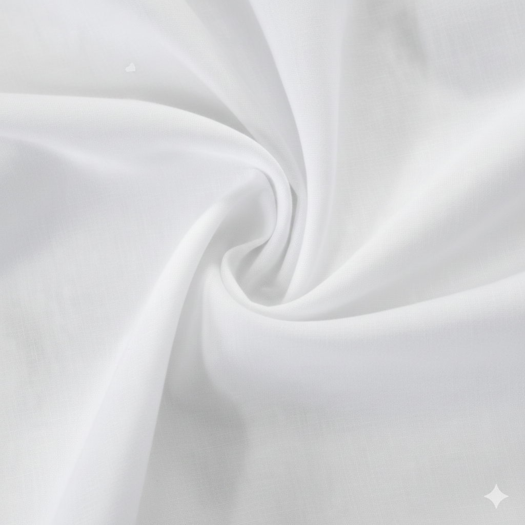 White semi-blackout curtain fabric with smooth texture and elegant drape