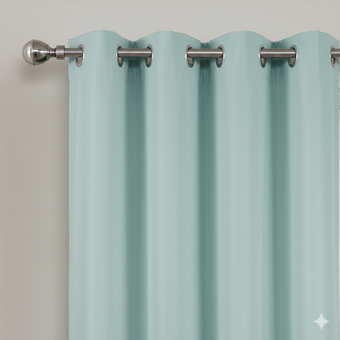Mint semi-blackout curtains with metal grommets on curtain rod