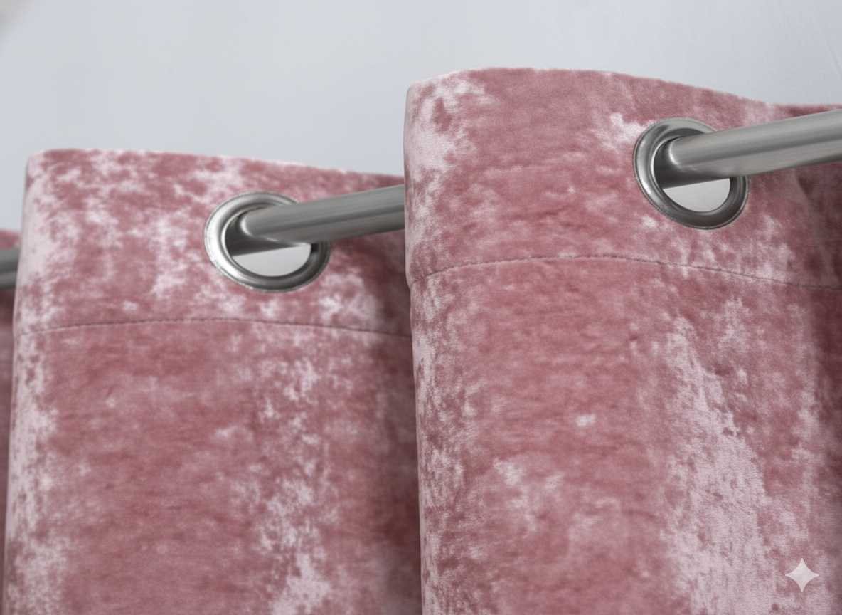 Rose Gold blackout curtains with metal grommets on curtain rod