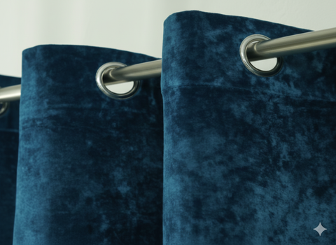 Navy blackout curtains with metal grommets on curtain rod