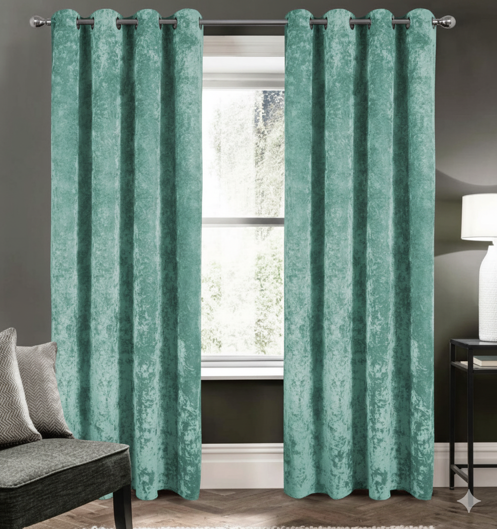 Mint blackout curtains set of 2 hanging on window in modern room