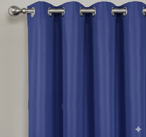 Navy semi-blackout curtains with metal grommets on curtain rod