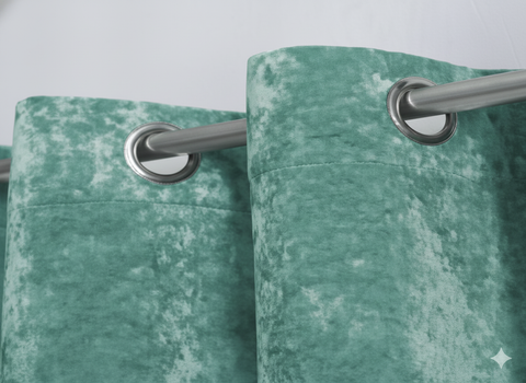 Mint blackout curtains with metal grommets on curtain rod