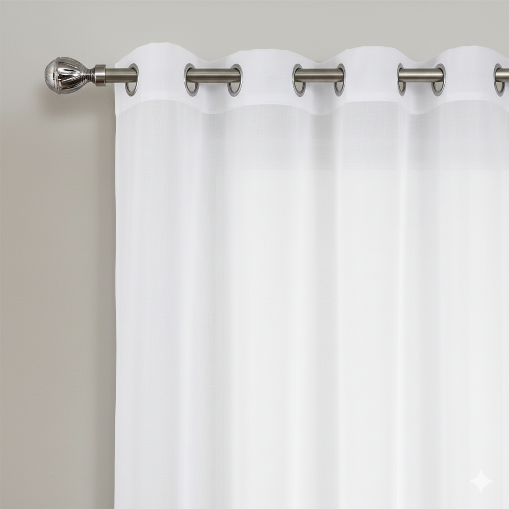 White sheer curtains with metal grommets on curtain rod