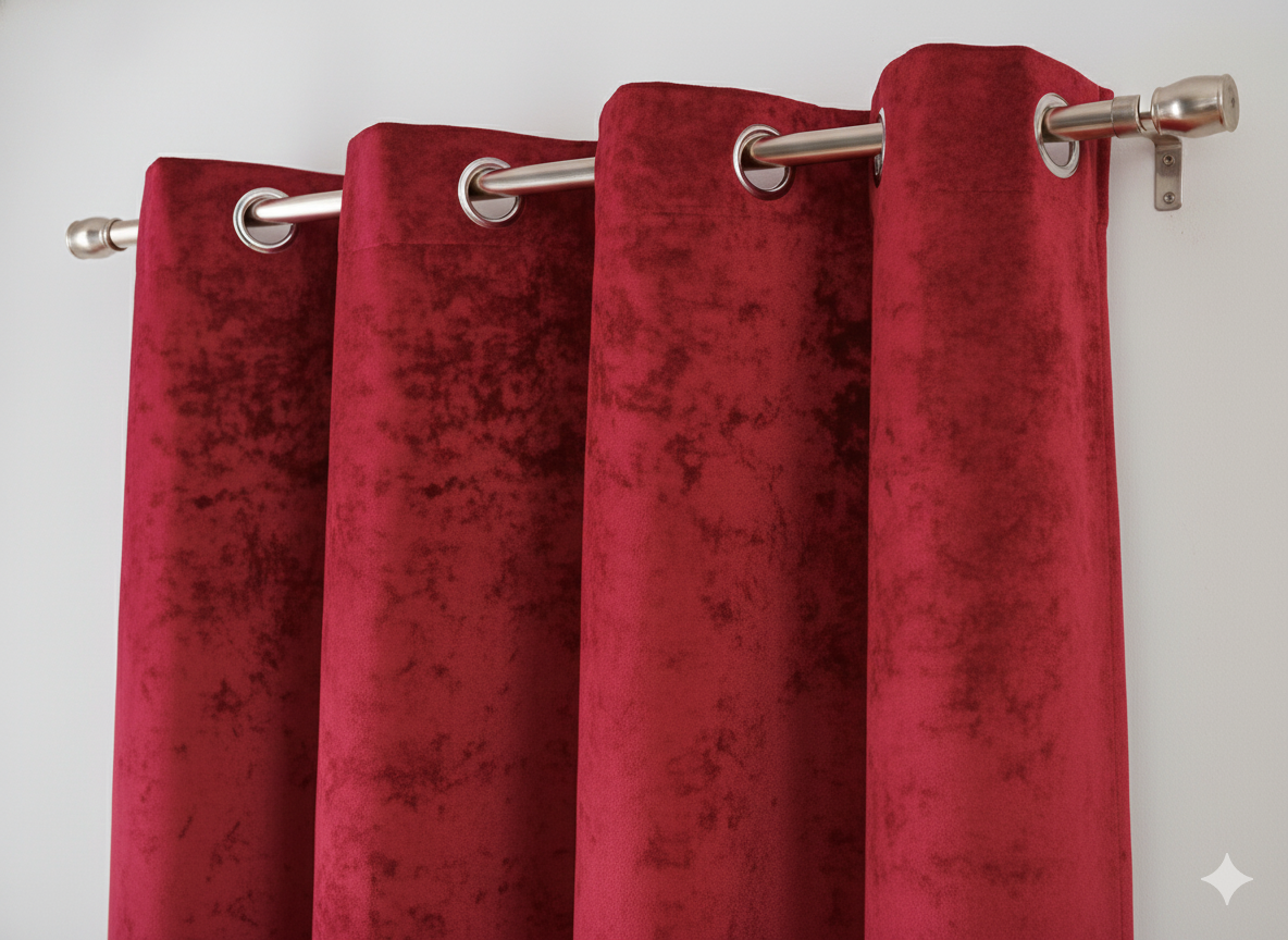red blackout curtains with metal grommets on curtain rod