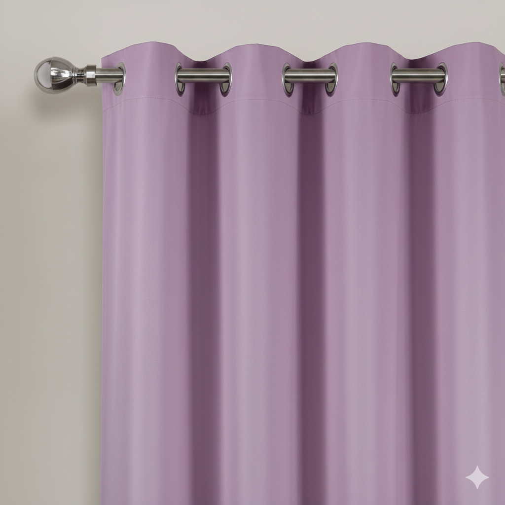 Purple semi-blackout curtains with metal grommets on curtain rod
